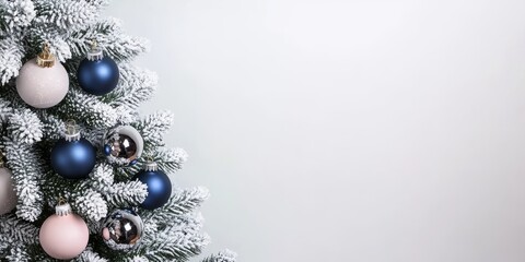 Chic Frosted Christmas Fir Tree with Blue, Silver, and Rose Gold Baubles for Elegant Holiday Decor