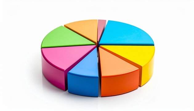 Glossy 3D pie chart with six colorful segments—red, orange, yellow, blue, purple, and green—on a white background.