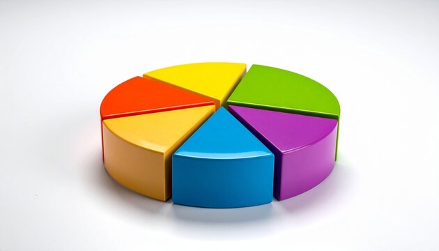 Glossy 3D pie chart with six colorful segments—red, orange, yellow, blue, purple, and green—on a white background.