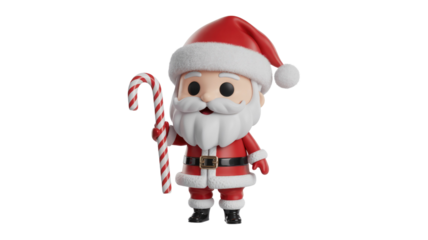 A charming 3D rendered, stylized Santa Claus character, complete with hat, beard, and red suit, holds a classic candy cane. background removed