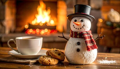 Festive snowman with scarf, hat, cookies, and coffee cup sits before a cozy, blurred fireplace