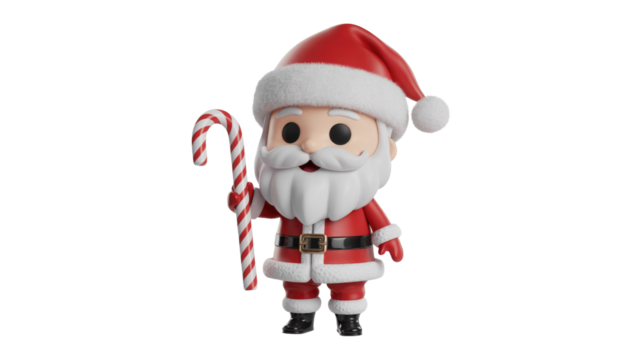 A charming 3D rendered, stylized Santa Claus character, complete with hat, beard, and red suit, holds a classic candy cane. background removed