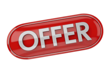 Glossy red 3D oval button with a silver border, prominently displaying "OFFER" in metallic silver text, perfect for promotions. background removed