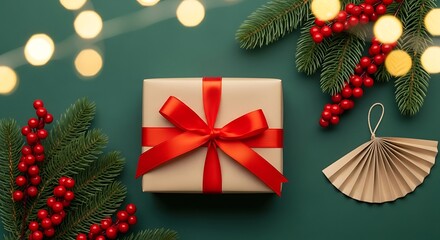 Elegant Christmas present with red ribbon and festive decorations overhead shot