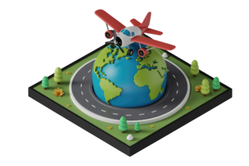 A stylized 3D red and white propeller airplane flies above a vibrant globe, set on a circular road with greenery. background removed