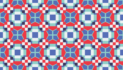 Fototapeta premium Abstract geometric seamless pattern with red, blue, and turquoise shapes forming intricate lattice and square motifs. Modern vector background for textile, wallpaper, and digital design