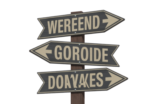 A wooden signpost features three weathered dark grey arrow signs with fictional words 'WEREEND', 'GOROIDE', 'DOAVAKES', pointing different directions. background removed