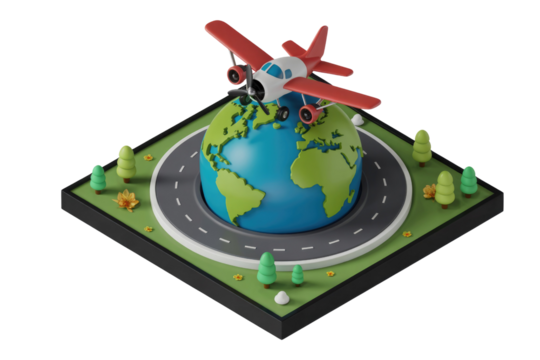 A stylized 3D red and white propeller airplane flies above a vibrant globe, set on a circular road with greenery. background removed
