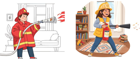 Firefighters using hose and extinguisher to stop flames indoors, safety training, emergency response, fire prevention, rescue, protection, vector illustration