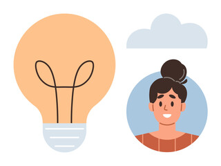 Lightbulb with smiling woman inside a blue circle and a cloud, symbolizing ideas, creativity, and innovation. Ideal for education, teamwork, leadership, motivation, entrepreneurship brainstorming