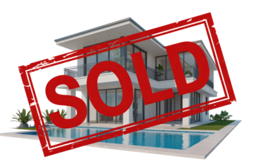 A modern, white luxury house with a swimming pool and elegant landscaping, prominently featuring a red 'SOLD' stamp. background removed