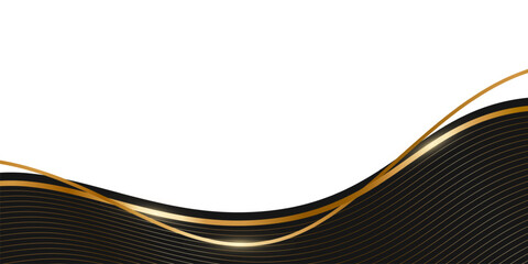 Black and gold wave frame background. Elegant wavy lines with metallic highlights curve around empty center for text placement. Luxury border template. Vector illustration.