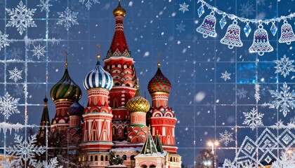Stunning winter wonderland scene with Moscow's iconic St Basil's Cathedral sparkling in the falling snow