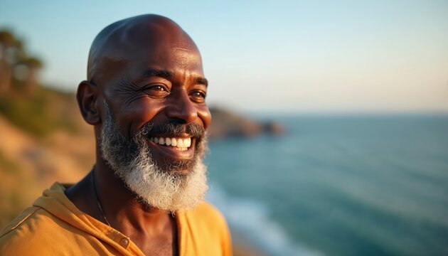 Smiling bald African American senior man enjoys ocean view at sunset. Elderly man with grey beard reflects, peaceful face shows contentment and happiness. Copy space for text.