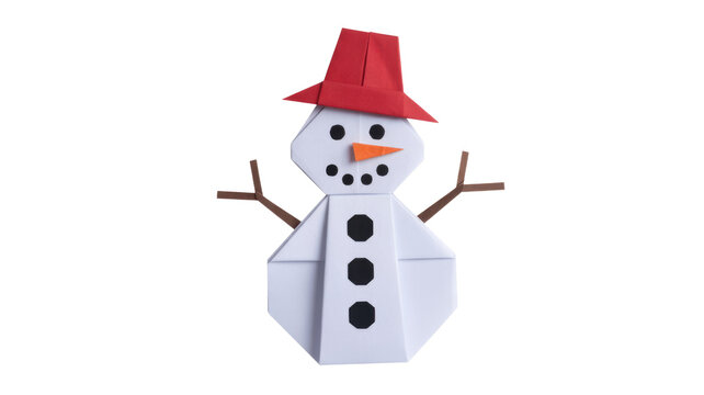 A cheerful origami snowman with a red hat, orange carrot nose, black button features, and stick arms, isolated on a background. background removed