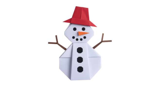A cheerful origami snowman with a red hat, orange carrot nose, black button features, and stick arms, isolated on a background. background removed