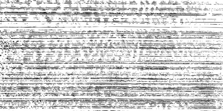 Grunge horizontal lines texture background. Distressed black scratch pattern resembling static noise or wood grain. Vintage TV glitch effect. Vector illustration.