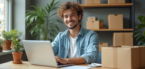 Young man smiles at laptop with boxes behind. He works in home office managing online retail orders. Entrepreneur prepares package for delivery. Small business owner ships product.