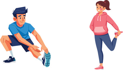 Fitness stretching exercise illustration, man and woman performing hamstring and quadriceps stretches, healthy lifestyle vector art, workout training concept design