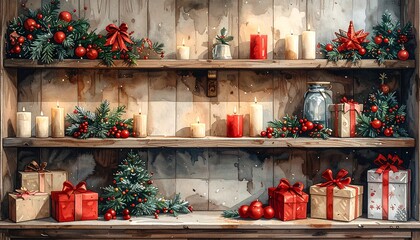 Festive watercolor shelves adorned with candles, evergreens, red berries, and wrapped gifts evoke a cozy holiday mood