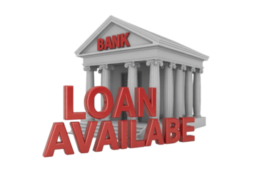 A 3D render of a classical bank building with 'LOAN AVAILABLE' in prominent red letters. Ideal for financial service promotions. background removed