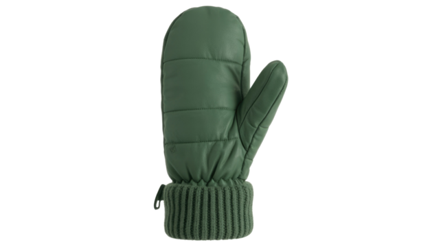 A single, dark green, quilted leather mitten with a ribbed knit cuff, designed for warmth and comfort in cold weather. background removed
