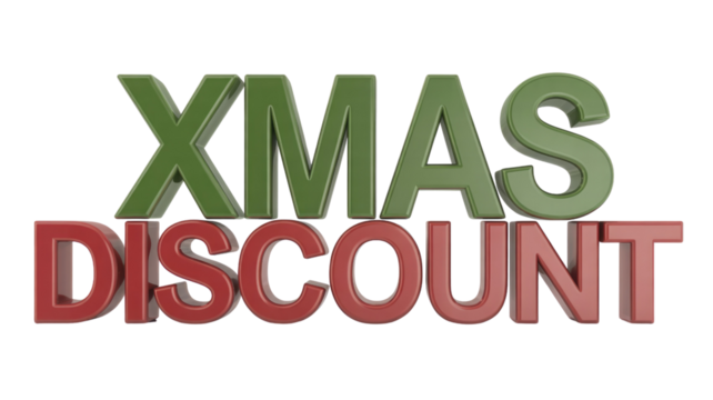 A vibrant 3D rendering of 'XMAS DISCOUNT' in festive green and red letters, perfect for holiday sales promotions and marketing materials. background removed