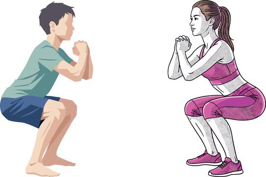 Fitness squat exercise illustration showing realistic and comic style athletes demonstrating proper squat form, strength training, workout technique, and healthy lifestyle.