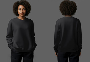 Front and Back Mockup of a Woman Wearing a Black Crewneck Sweatshirt