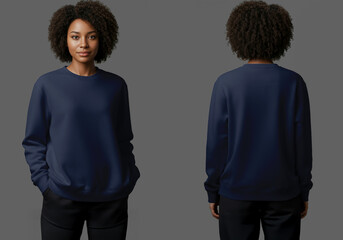 Front and Back Mockup of a Woman Wearing a Navy Crewneck Sweatshirt