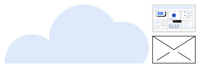 Large cloud with data dashboard and email envelope symbolizing information storage, analytics, and communication. Ideal for technology, data management, cloud services, email systems, analytics