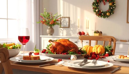 Festively decorated table set for a holiday feast, featuring turkey, side dishes, wine, and seasonal decorations
