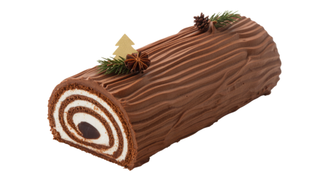 Elegant Yule log cake with chocolate bark frosting, adorned with festive decor like pine sprigs, star anise, and a golden tree, revealing a creamy swirl. background removed