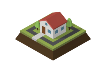 Isometric illustration of a small white house with a red roof, two trees, and a pathway on a raised green plot. background removed