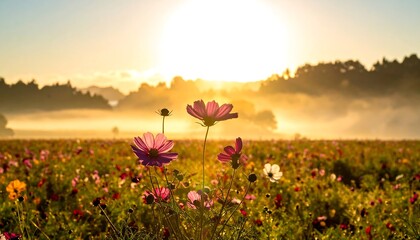 Field of cosmos flowers bathed in early morning sunlight, a tranquil scene with a foggy backdrop