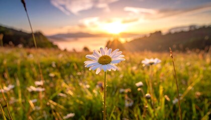 Field of daisies basks in the golden light of a sunrise, with a misty valley in the distance