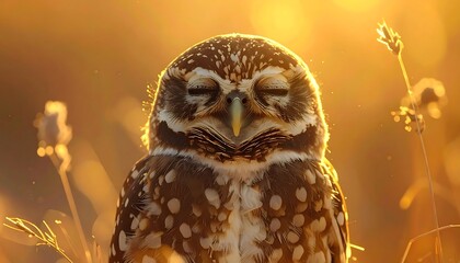 Focused close-up of an owl with closed eyes, set against a sunlit golden background of dry grass and bokeh effect