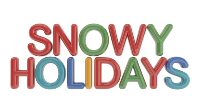Vibrant 3D bubble-letter text spelling 'SNOWY HOLIDAYS' in red, green, blue, and yellow, against a dark transparent background. background removed - Powered by Adobe