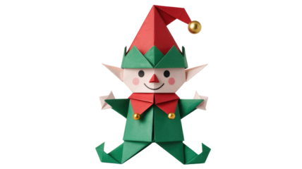 A delightful origami Christmas elf crafted from green and red paper, featuring a festive hat with a golden bell, smiling sweetly. background removed
