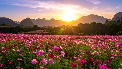 Field of pink cosmos flowers blooms during sunset, with silhouettes of mountains in the background under a sky