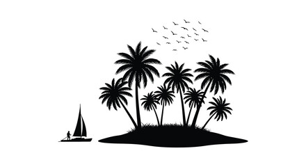Silhouette of a tropical island with palm trees and a sailboat on a calm sea under a flock of birds