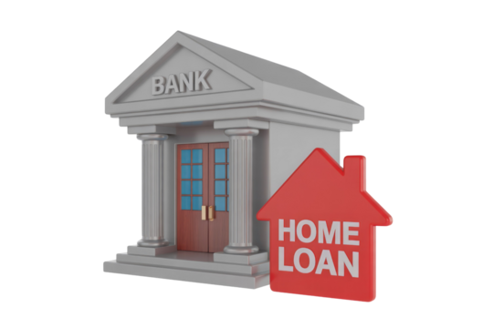 A 3D rendering of a bank building alongside a red house icon with 'HOME LOAN' text, representing financial services for home ownership. background removed