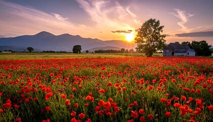 Field of red poppies stretches toward mountains under a vibrant sunset sky with wispy clouds and rural buildings