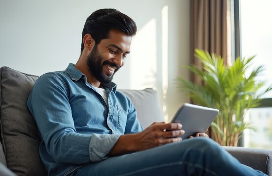 Smiling man with beard in denim shirt uses tablet on couch in living room. Person browses online, reads news, or watches video on wireless device while relaxing indoors at home.