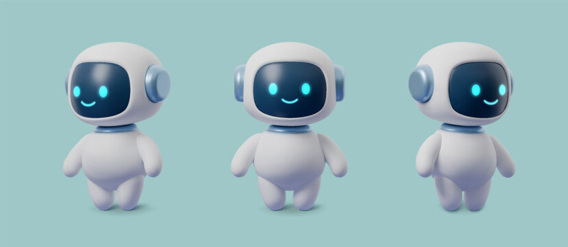 3D set robot, AI icon featuring cute chatbot character in futuristic digital style. Smart tech mascot for virtual assistant, innovation, and artificial intelligence design friendly and modern vector