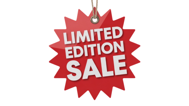 A vibrant red, star-shaped tag with "LIMITED EDITION SALE" in bold white text, suspended by a string, highlighting exclusive offers. background removed