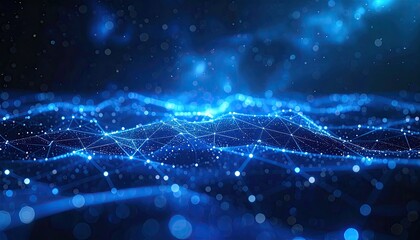 Abstract Blue Digital Network Waveform With Glowing Particles And Light Streaks In Dark Space