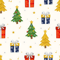 UN PATTERN DI NATALE CON PACCHI REGALO E ALBERI