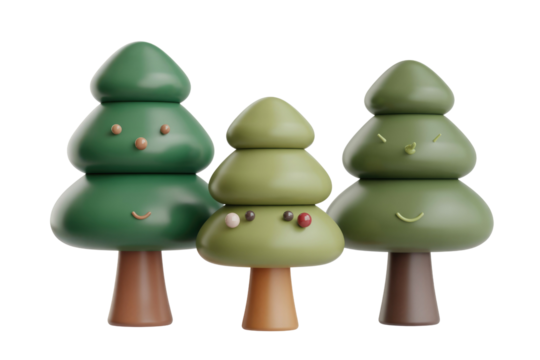 Three charming, stylized 3D trees with soft, rounded forms and cute facial features, creating a whimsical and festive natural scene. background removed