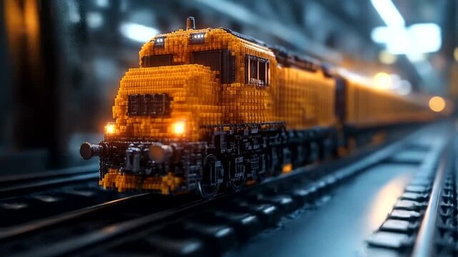 Pixelated locomotive chugs along shiny steel tracks